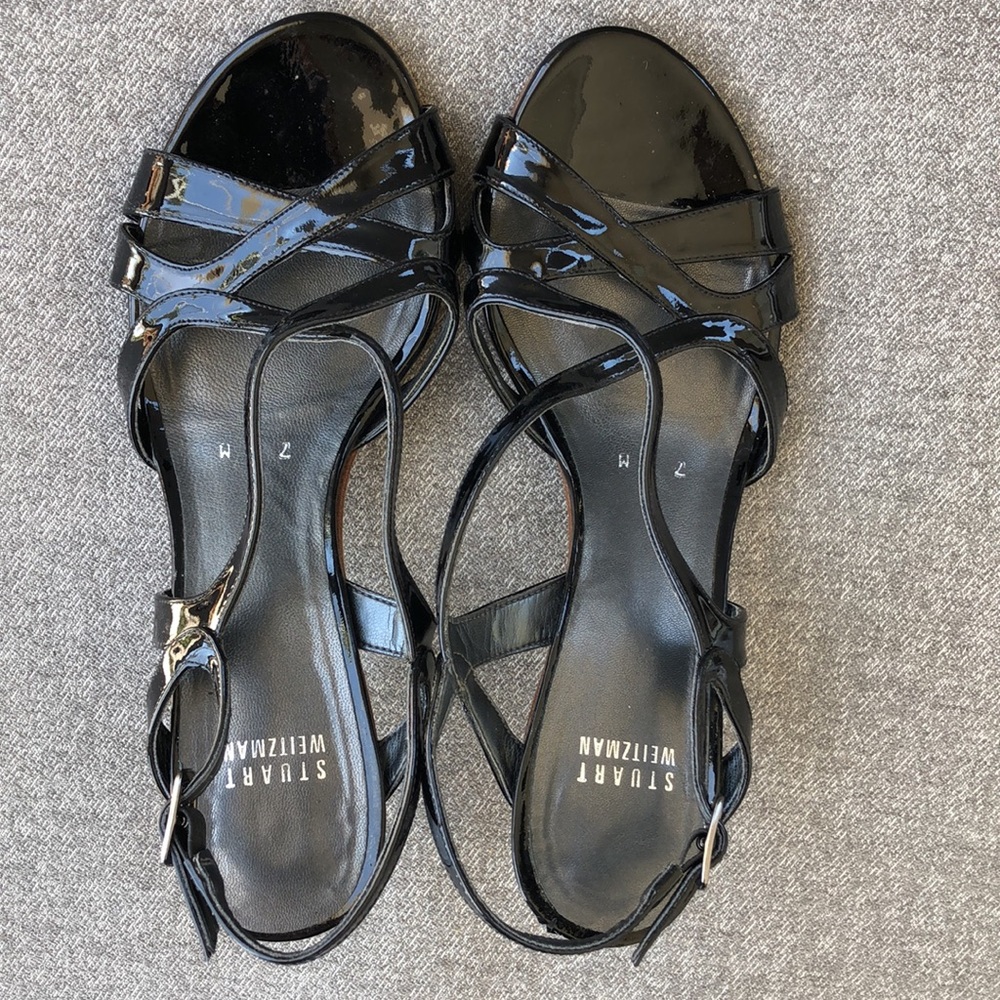 STUART WEITZMAN - Operetta Black Patent  Leather Heeled Sandals - Picture 9 of 12